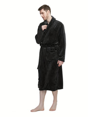 Men's Flannel Lapel Loose Soft Belt Bathrobe Long Sleeve Thick Thermal Loungewear