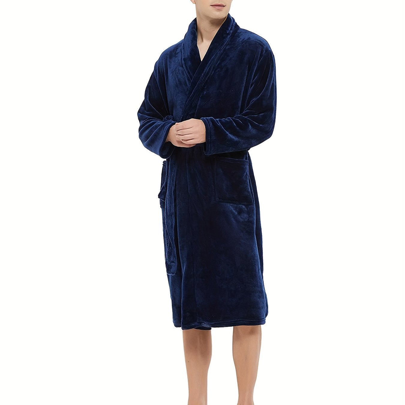 Men's Flannel Lapel Loose Soft Belt Bathrobe Long Sleeve Thick Thermal Loungewear