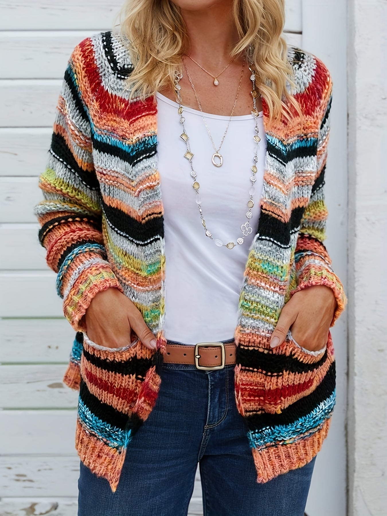 Rainbow Striped Open Front Cardigan