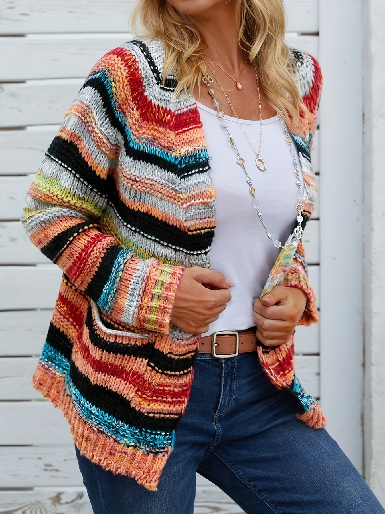 Rainbow Striped Open Front Cardigan