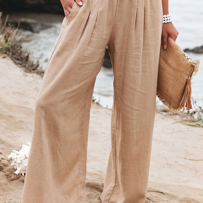 Solid Elastic Long Length Loose Vacation Casual Wide Leg Pants For Spring Summer