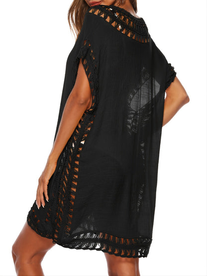 Loose Shape Lace Hollow Out Trim Sheer Cover Up Deep Solid Color Beachwear