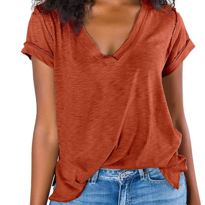 V Neck Side Slit Casual Loose Short Sleeve Fashion Summer T-Shirts Tops