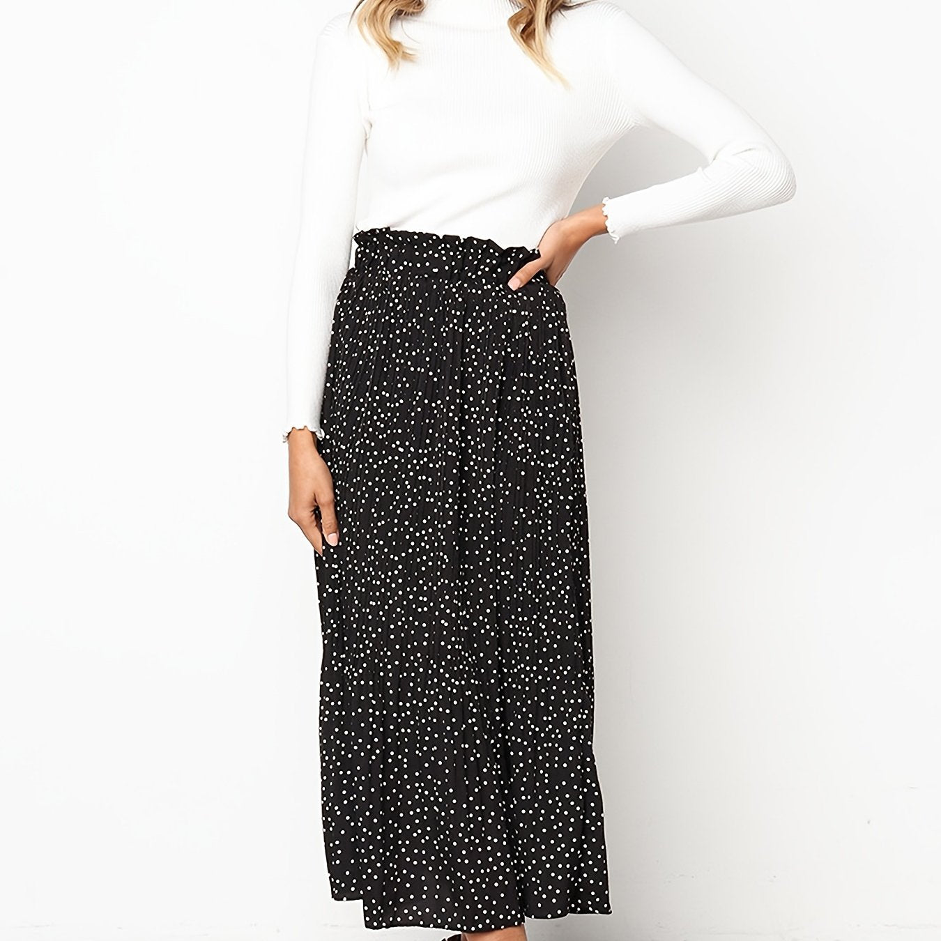 Pretty Polka Dot Pleated Skirt - High Waisted Spring Summer Casual Everyday