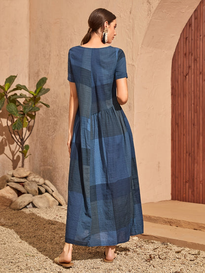 Loose Color Block Crew Neck Short Sleeve Vacation Casual Every Day Dress