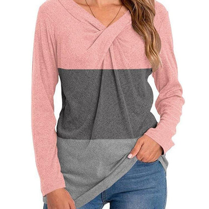 Color Block Long Sleeve Twist Neck T-shirts