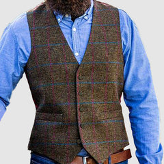Men's Plaid V-Neck Single Breasted Vest Jacket
