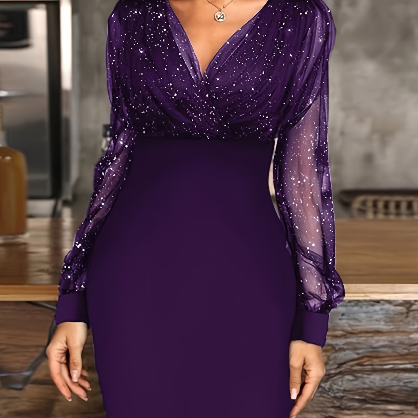 Solid Sequin Stitching Lace Long Sleeve Elegant Mesh Slim Sexy Party Dress