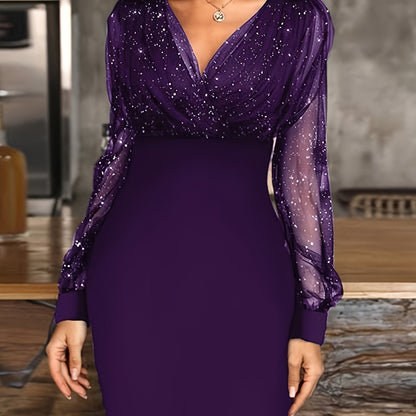 Solid Sequin Stitching Lace Long Sleeve Elegant Mesh Slim Sexy Party Dress