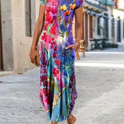 Casual Short Sleeve Crew Neck Floral Print Pocket Dress