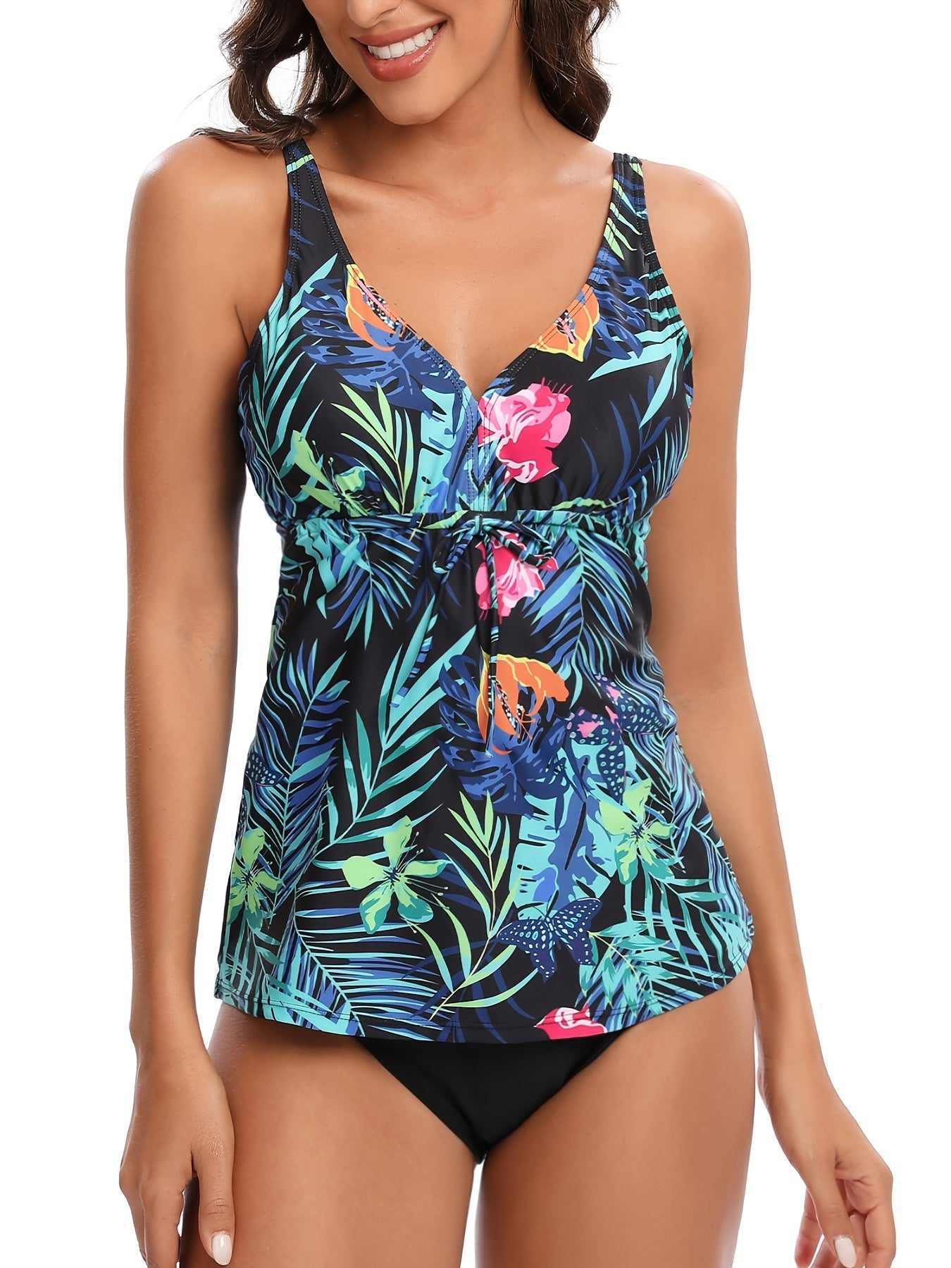 Random Print V Neck Tankini Sets Tie Front Stretchy Casual Beachwear High Cut 2 Pieces Swimsuit
