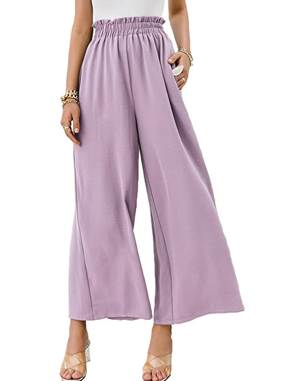 Solid Elastic Wide Leg High Waist Loose Pants With Pockets, Casual Every Day Pants