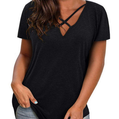 Short Sleeve V-Neck Top Summer Cross Casual Loose Cotton T-Shirt