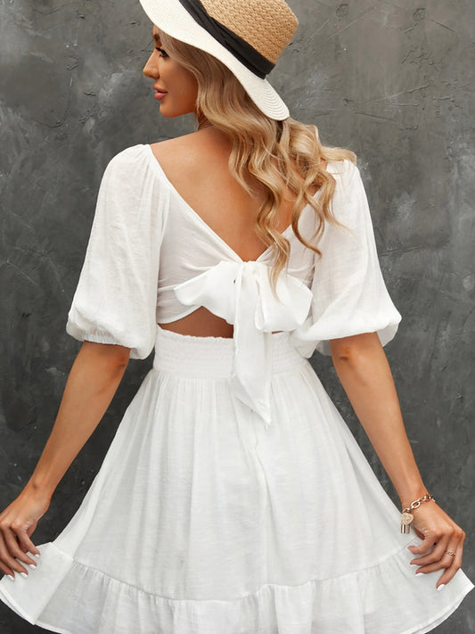 Women's Dresses Lantern Sleeves Square Neck Ruffle Back Lace Up Summer Dress