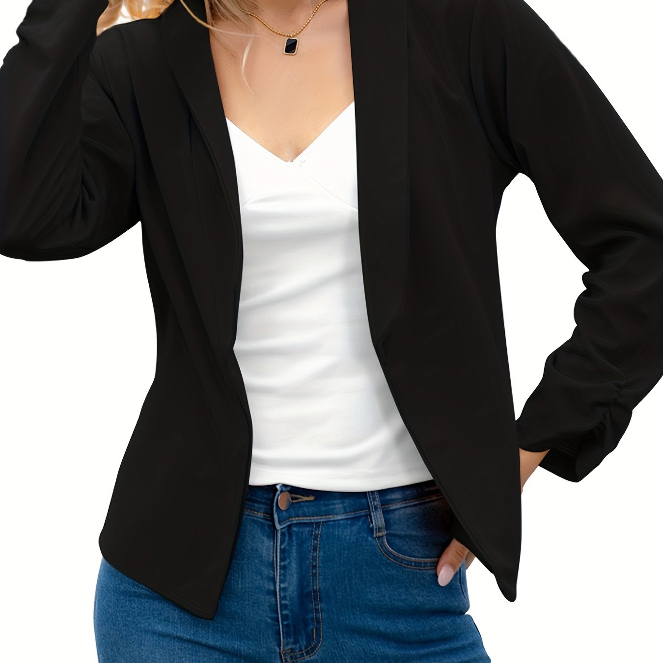 Elegant Solid Long Sleeve Open Front Lapel Blazer