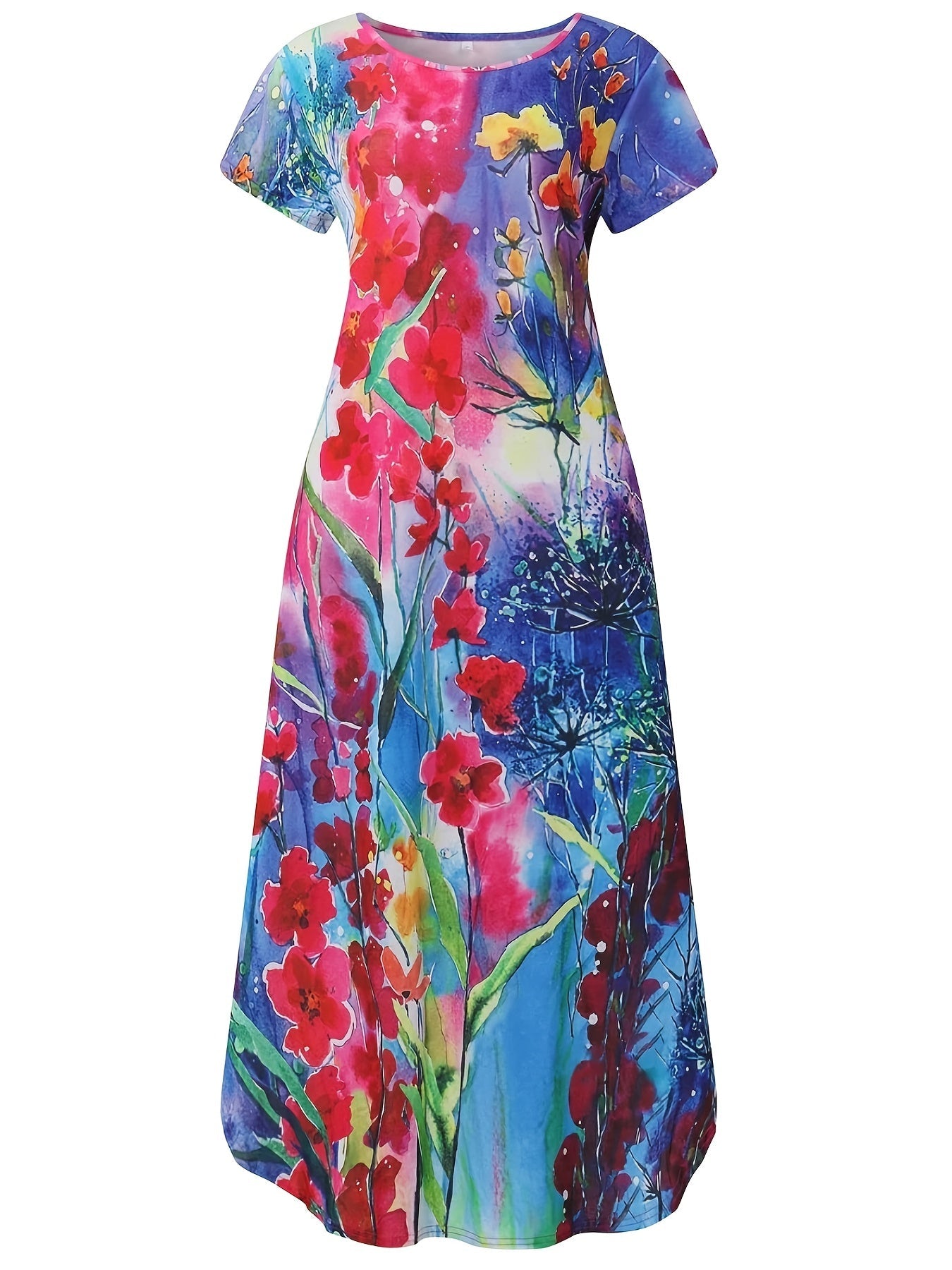 Casual Short Sleeve Crew Neck Floral Print Pocket Dress