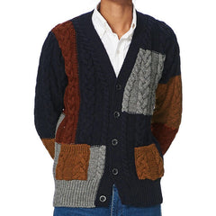Men's Patch Contrast Knitted Cardigan V-neck Long Sleeve Sweater Coat