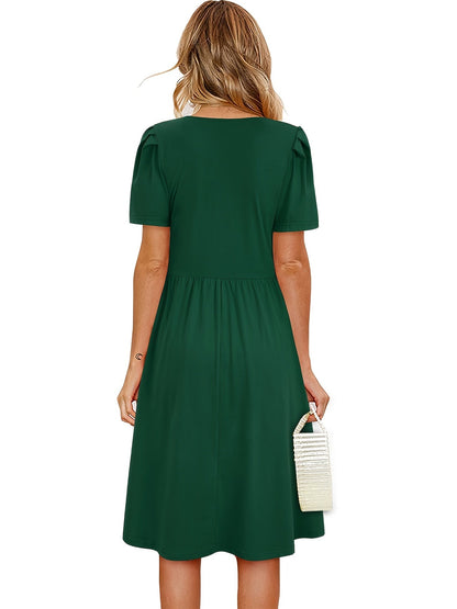 Solid Crew Neck Short Sleeve Fake Buttons Casual High Waist Ruffled Hem Midi Dress
