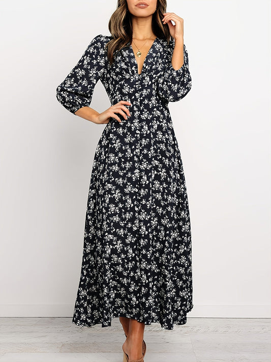 Ditsy Floral V Neck Long Sleeve Maxi Ruffled High Waist Casual Summer Dress
