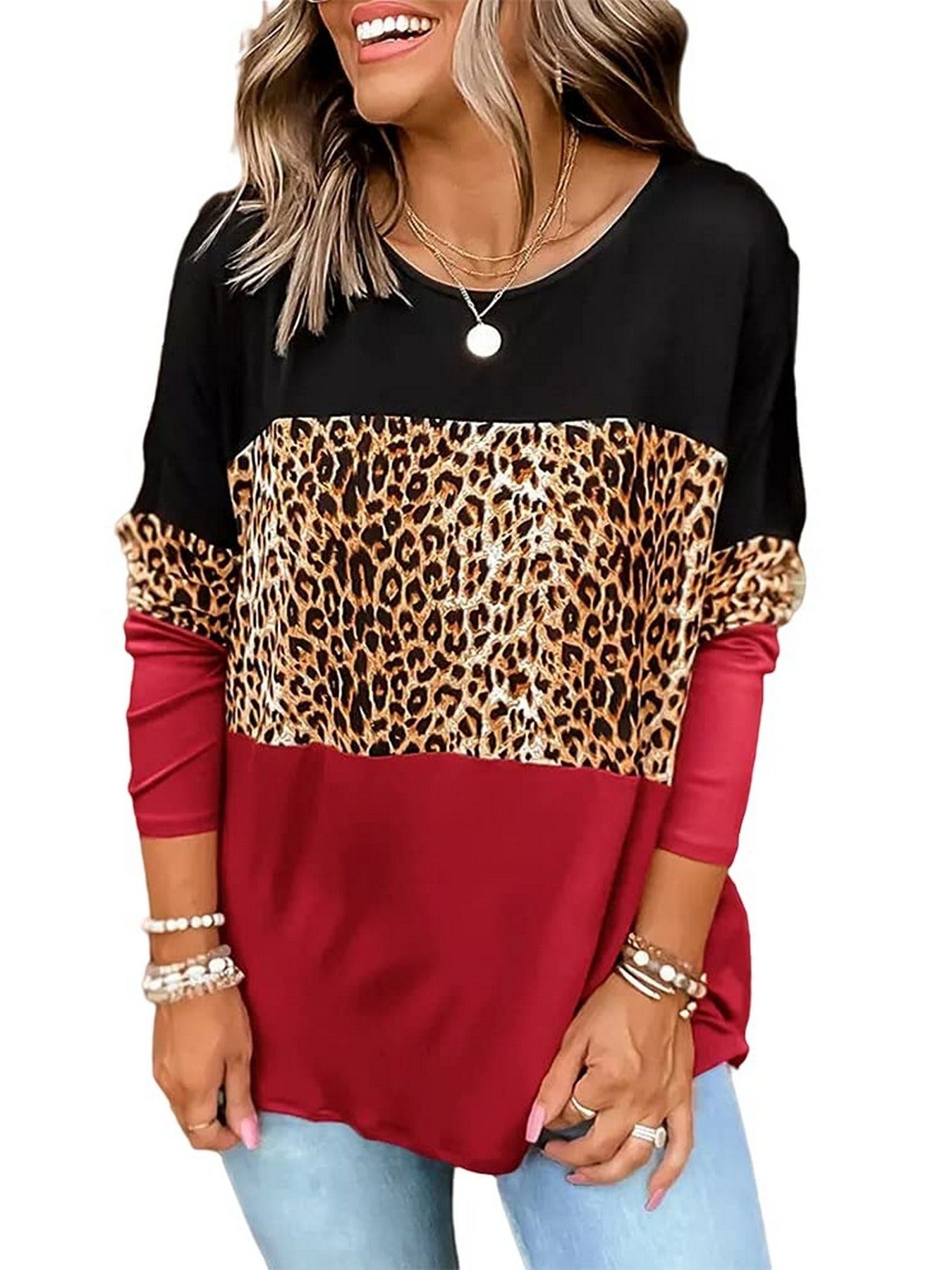 Casual Loose Leopard Round Neck Long Sleeve Color Block T-Shirt