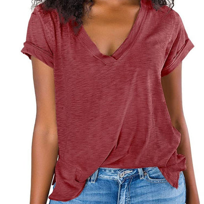 V Neck Side Slit Casual Loose Short Sleeve Fashion Summer T-Shirts Tops
