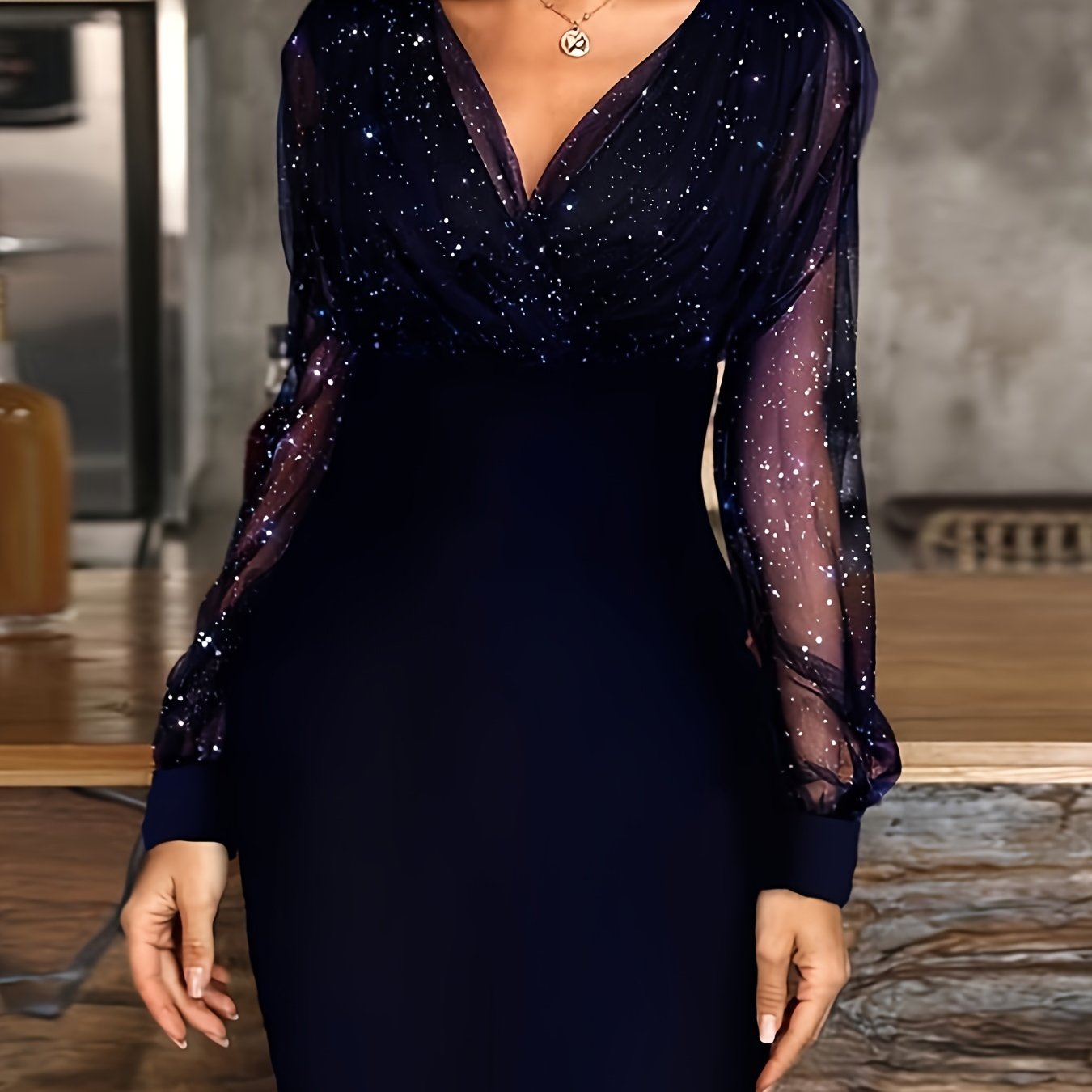 Solid Sequin Stitching Lace Long Sleeve Elegant Mesh Slim Sexy Party Dress