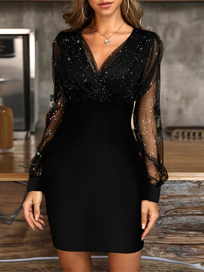 Solid Sequin Stitching Lace Long Sleeve Elegant Mesh Slim Sexy Party Dress