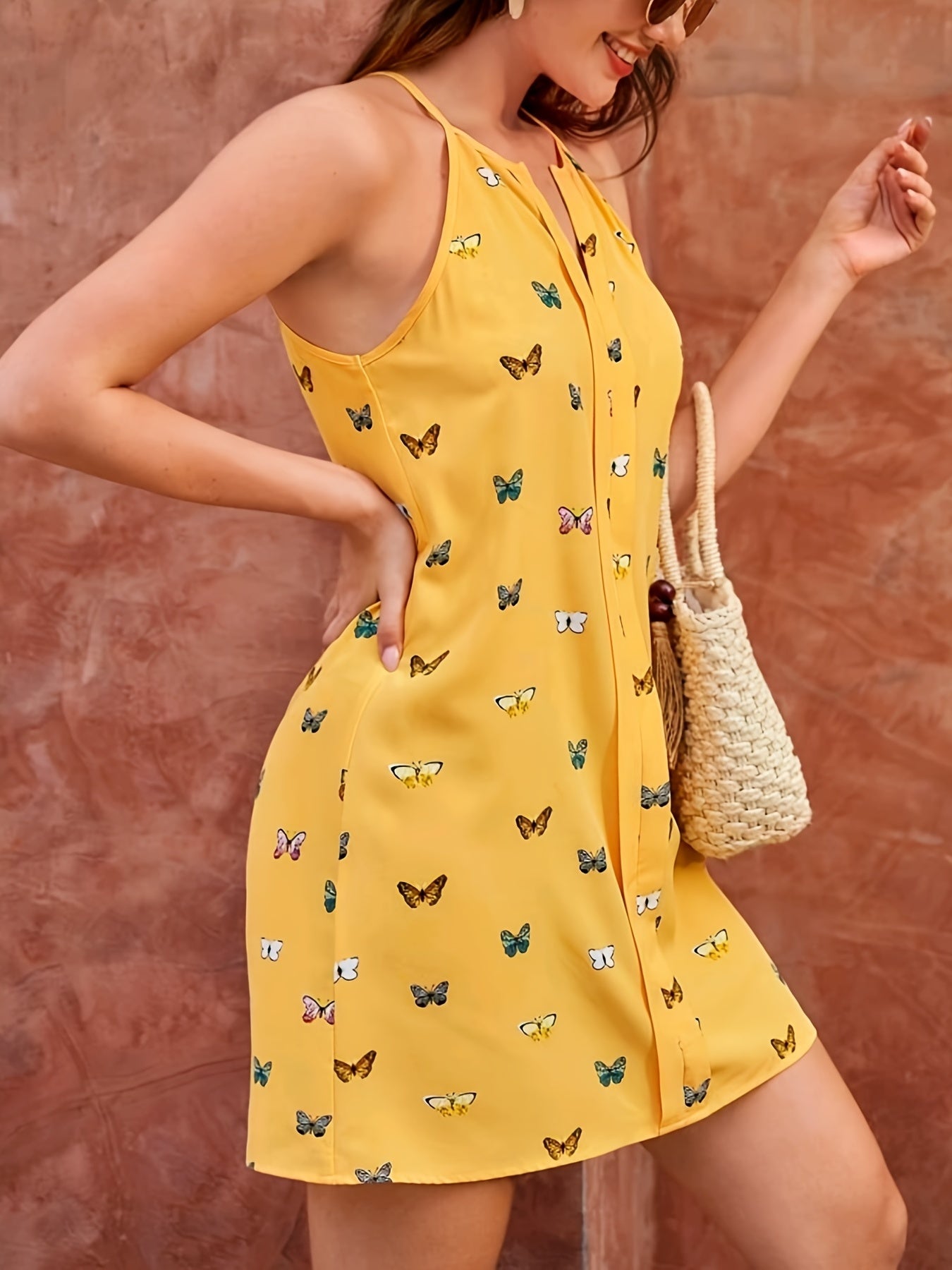 Butterfly Print Spaghetti Vacation Sleeveless V Neck Mini Dress
