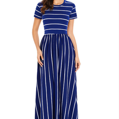 Blue Striped White Short Sleeve Maxi Dress