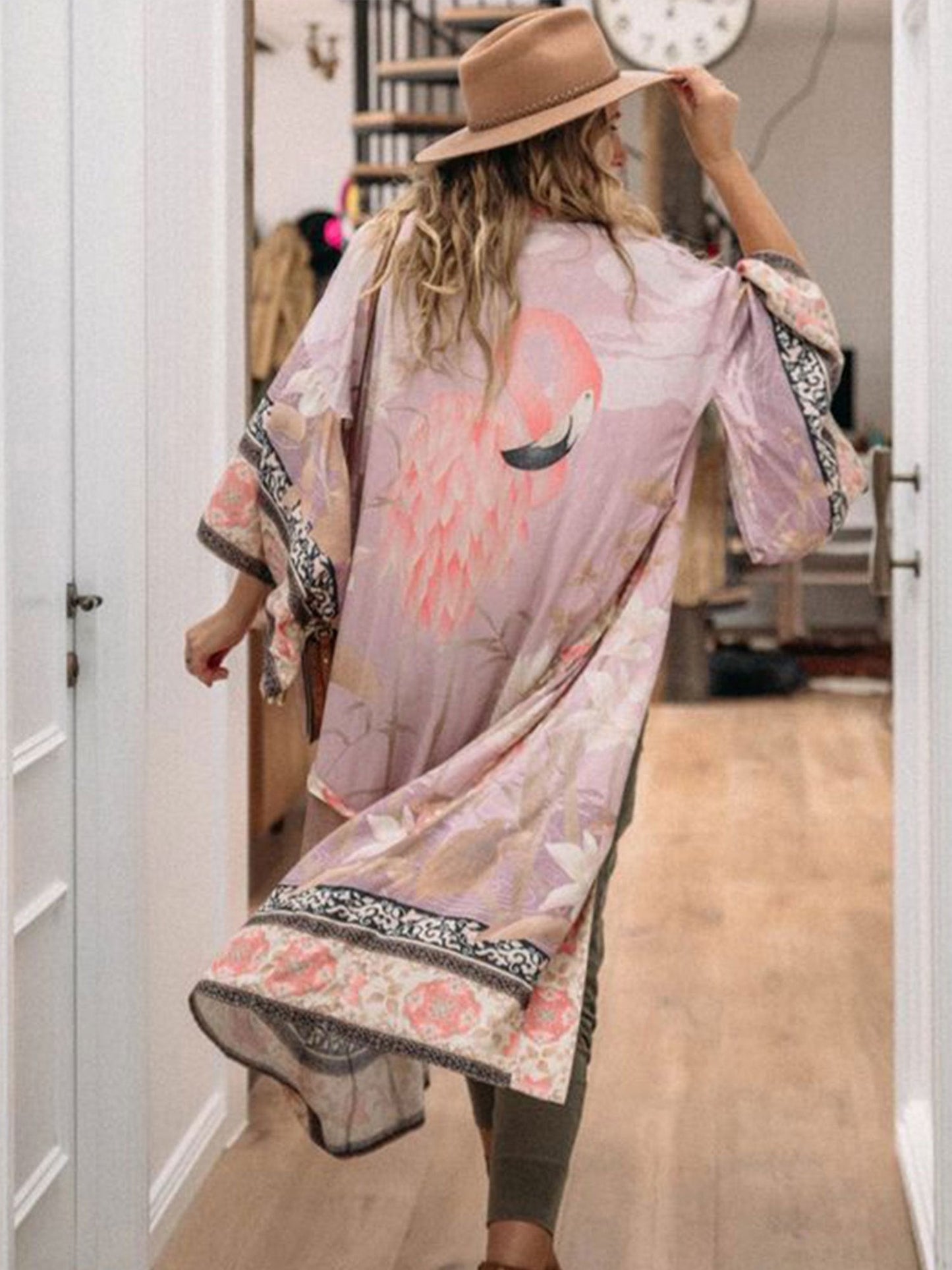 Ethnic Tribal Pattern Contrast Trim Long Robe Loose Baggy Fit Colorful Cover Up Kimono Shirts