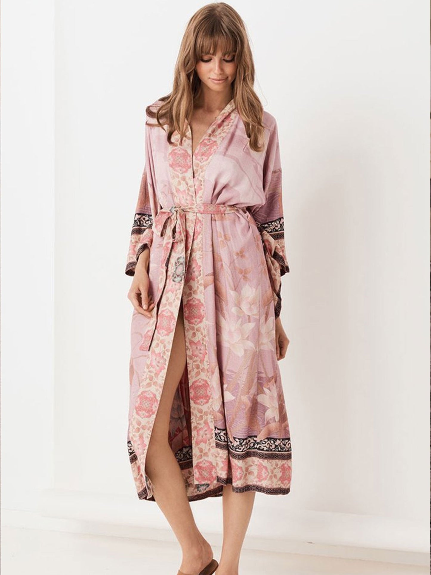 Ethnic Tribal Pattern Contrast Trim Long Robe Loose Baggy Fit Colorful Cover Up Kimono Shirts