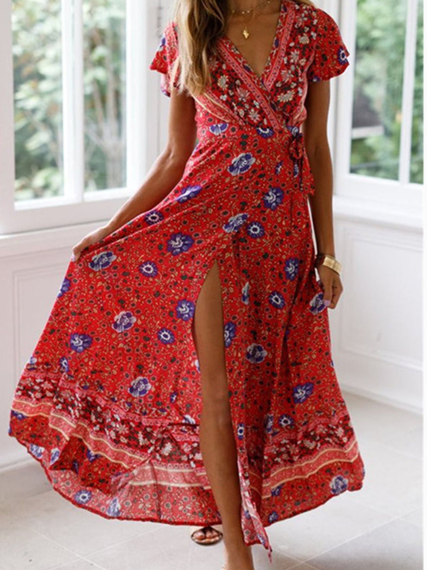 Floral Print Bohemian Maxi V Neck Short Sleeve Dress For Spring Summer