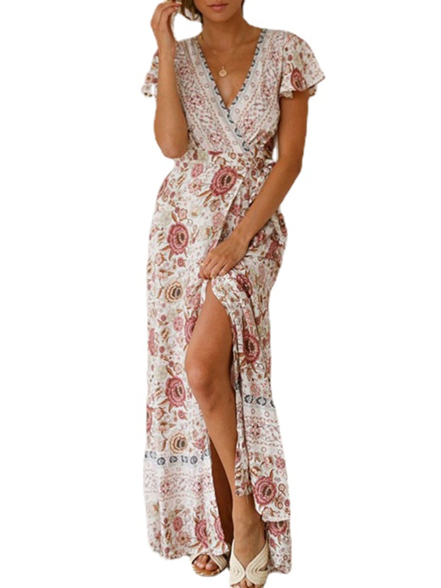 Floral Print Bohemian Maxi V Neck Short Sleeve Dress For Spring Summer