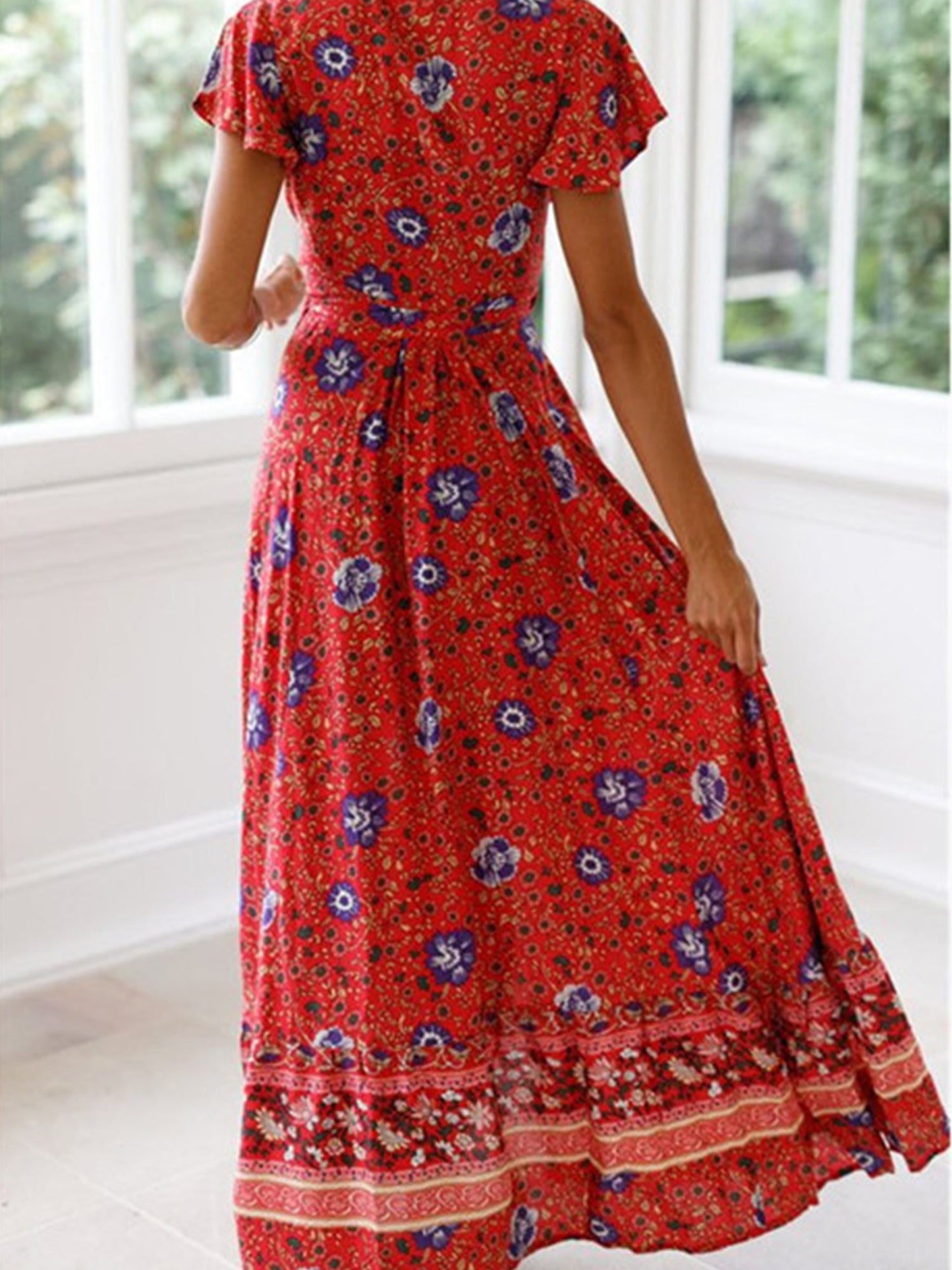 Floral Print Bohemian Maxi V Neck Short Sleeve Dress For Spring Summer