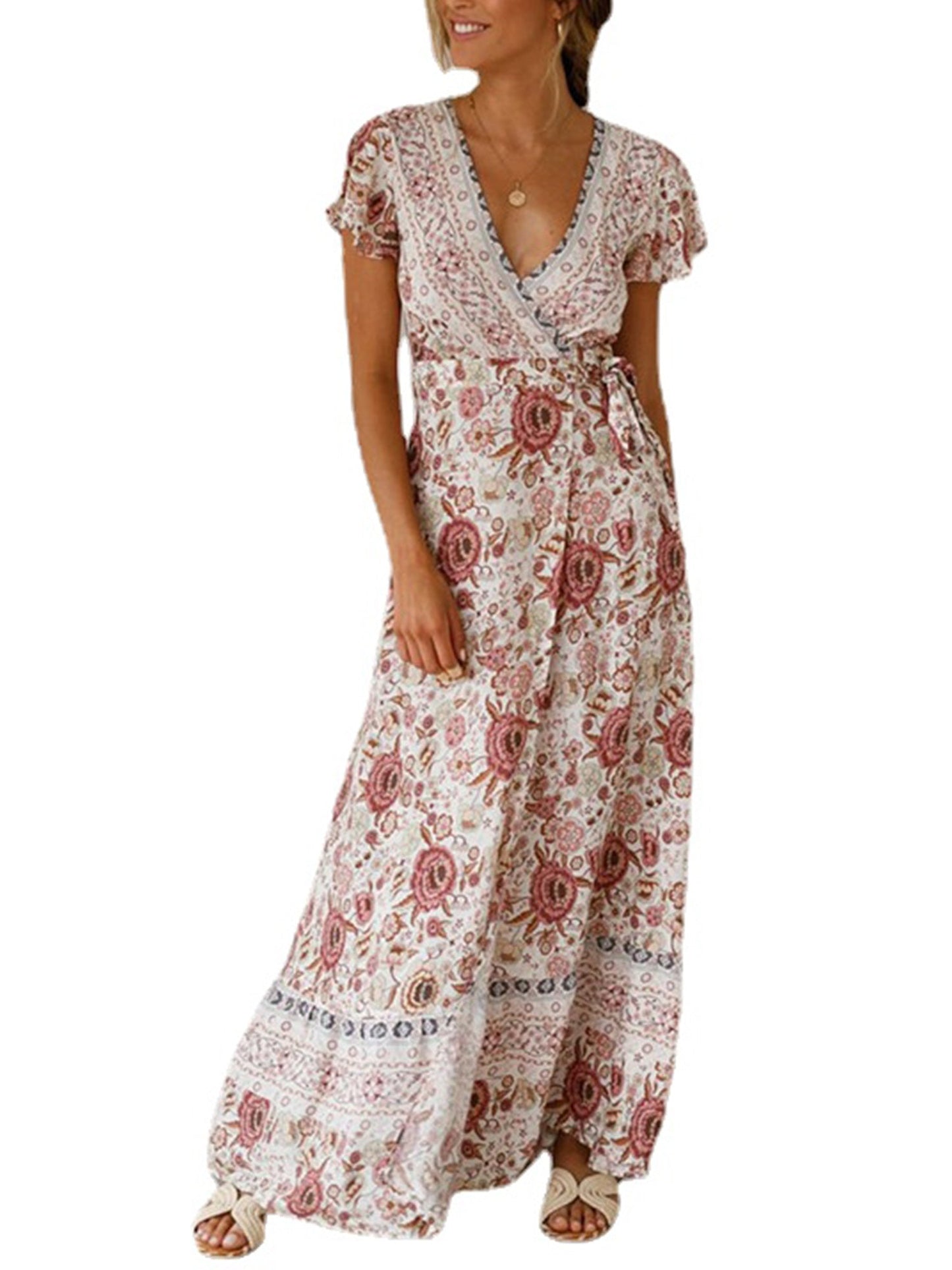 Floral Print Bohemian Maxi V Neck Short Sleeve Dress For Spring Summer