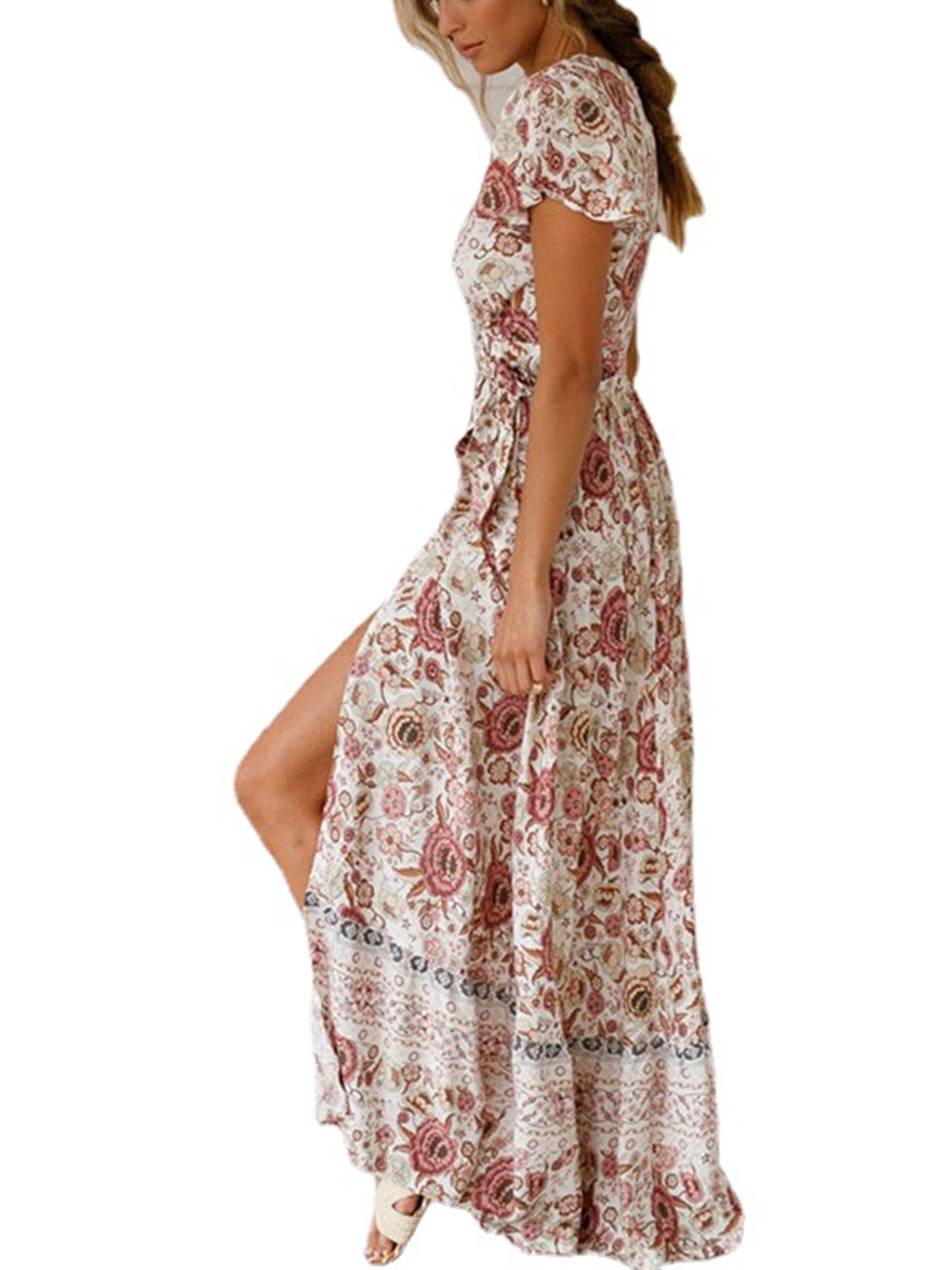 Floral Print Bohemian Maxi V Neck Short Sleeve Dress For Spring Summer