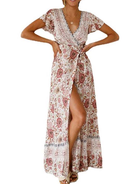 Floral Print Bohemian Maxi V Neck Short Sleeve Dress For Spring Summer