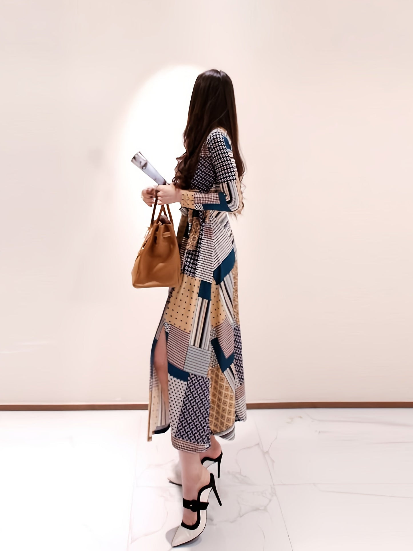 OL Temperament V-neck Lace Up Wrap Print Maxi Fashion Big Swing Dress