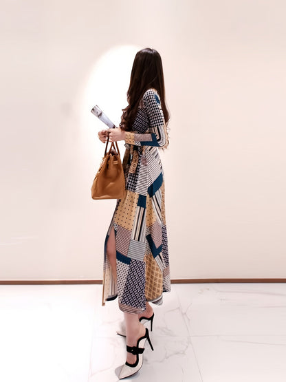 OL Temperament V-neck Lace Up Wrap Print Maxi Fashion Big Swing Dress