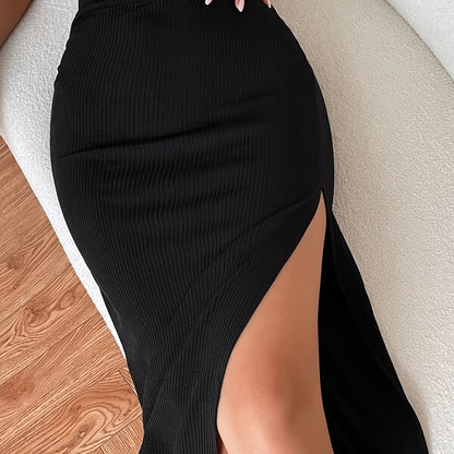 High Waist Split Solid Casual Every Day Skirt For Spring  Summer