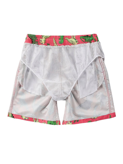 Men's Cartoon Dinosaur Print Beach Swim Trunks Shorts