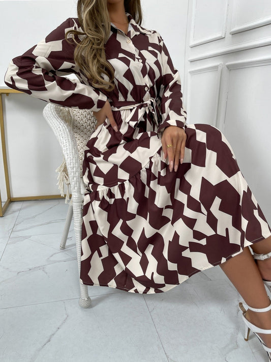 Casual Geometric Print Elegant V Neck Fashion Belt Dress