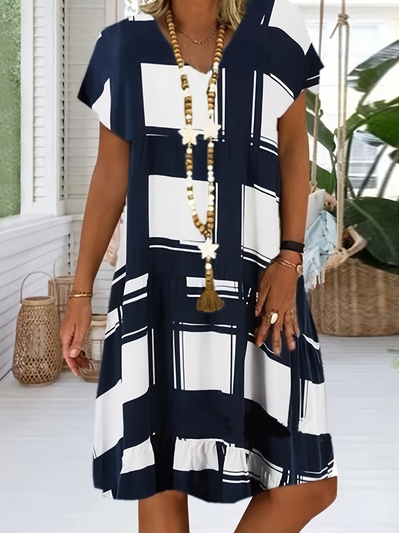 Casual Geometric Print Short Sleeve V-neck Loose Fashion Summer Dresses