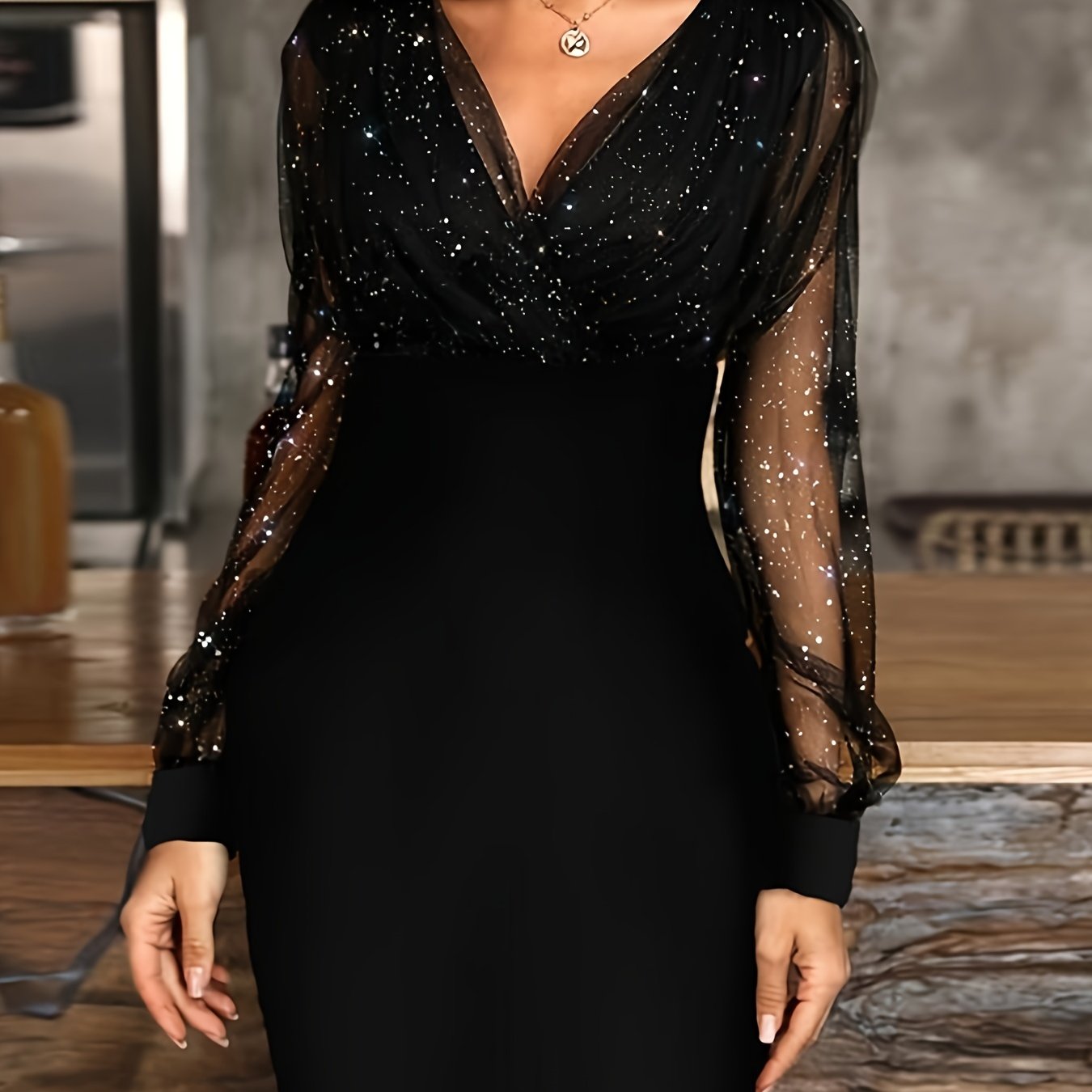 Solid Sequin Stitching Lace Long Sleeve Elegant Mesh Slim Sexy Party Dress