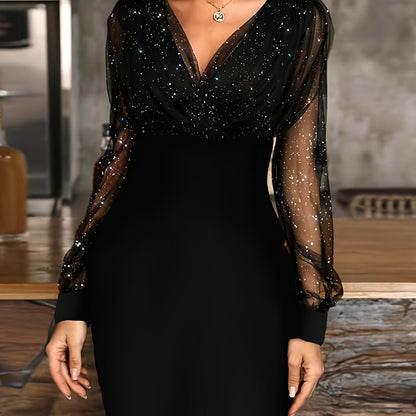 Solid Sequin Stitching Lace Long Sleeve Elegant Mesh Slim Sexy Party Dress