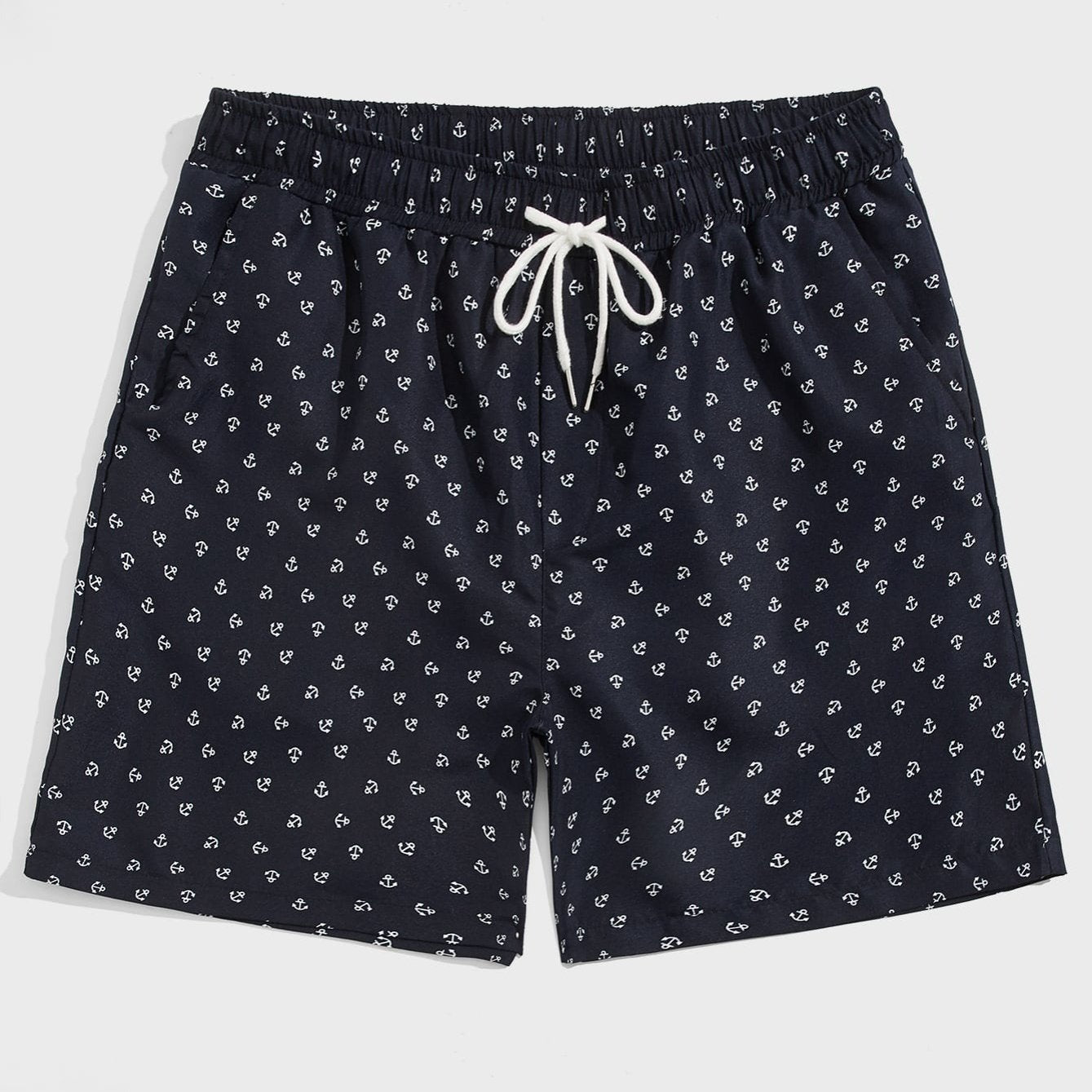 Men's Ship Anchor Print Beach Drawstring Shorts