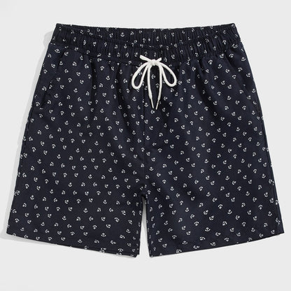 Men's Ship Anchor Print Beach Drawstring Shorts