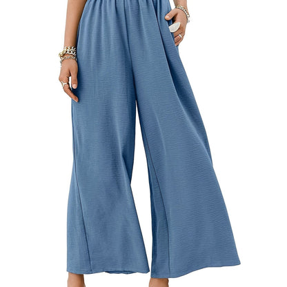 Solid Elastic Wide Leg High Waist Loose Pants With Pockets, Casual Every Day Pants