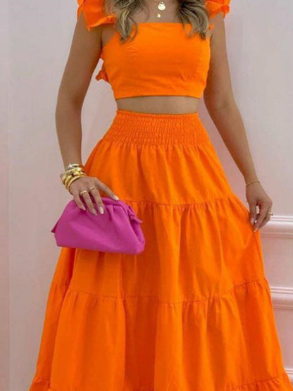 Women's Two-piece Set Casual Solid Tight Top & Swing Skirt