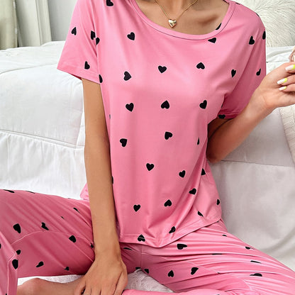 Casual Heart Print Pajamas Short Sleeve Pajama Top Pajama Pants